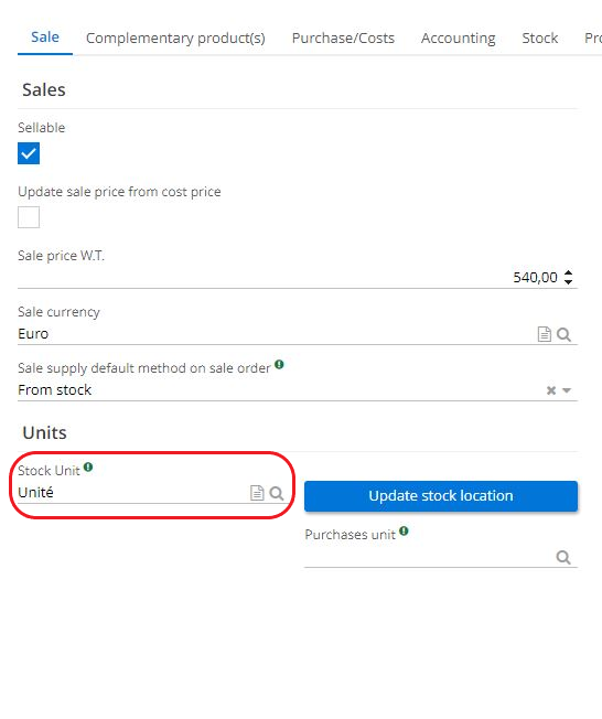 1.2. Stock unit field on a product file with default units, defined beforehand on the Sale app page.